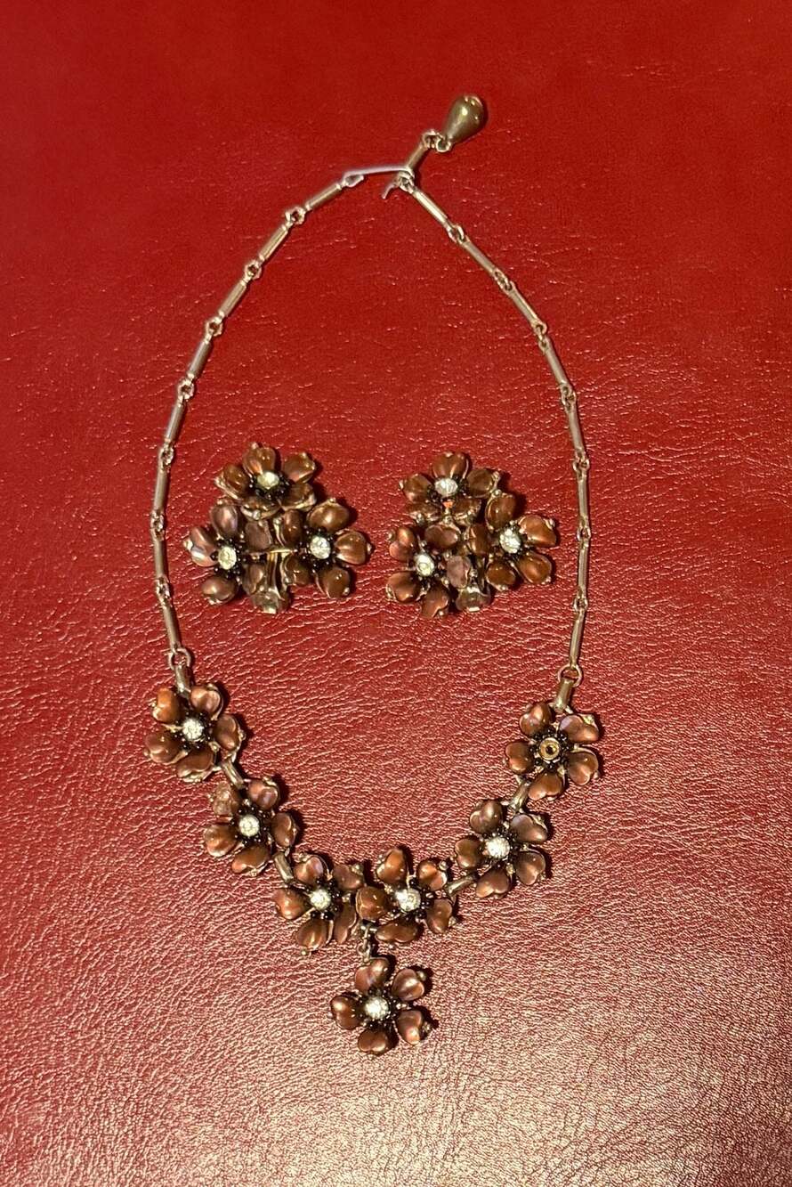 Vintage Rose Gold Tone Metal Enamel Flower Rhinestone Necklace Clip Earrings Set